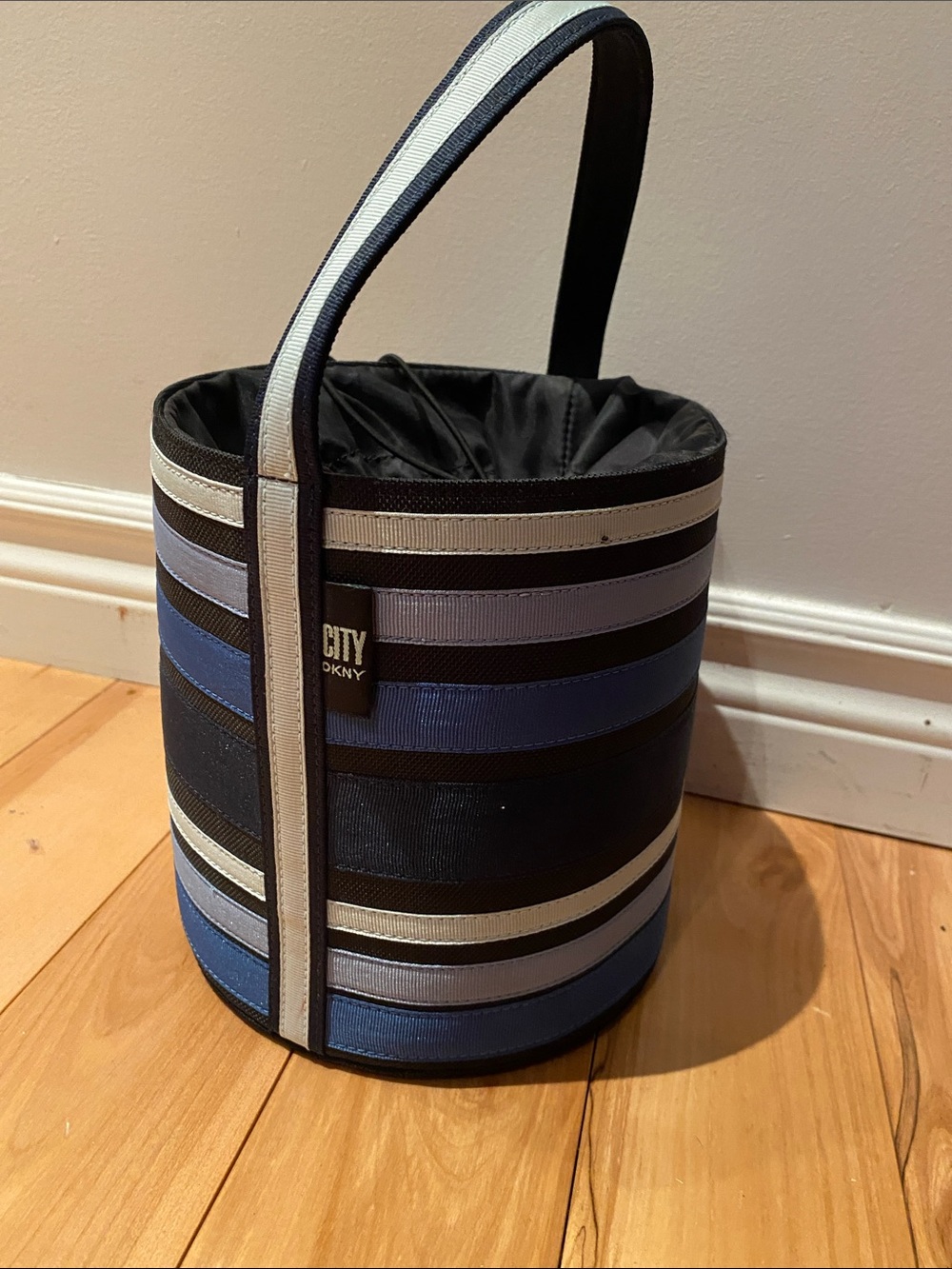 Vintage DKNY Striped Bucket  handbag in Black, Blue and Light Gray